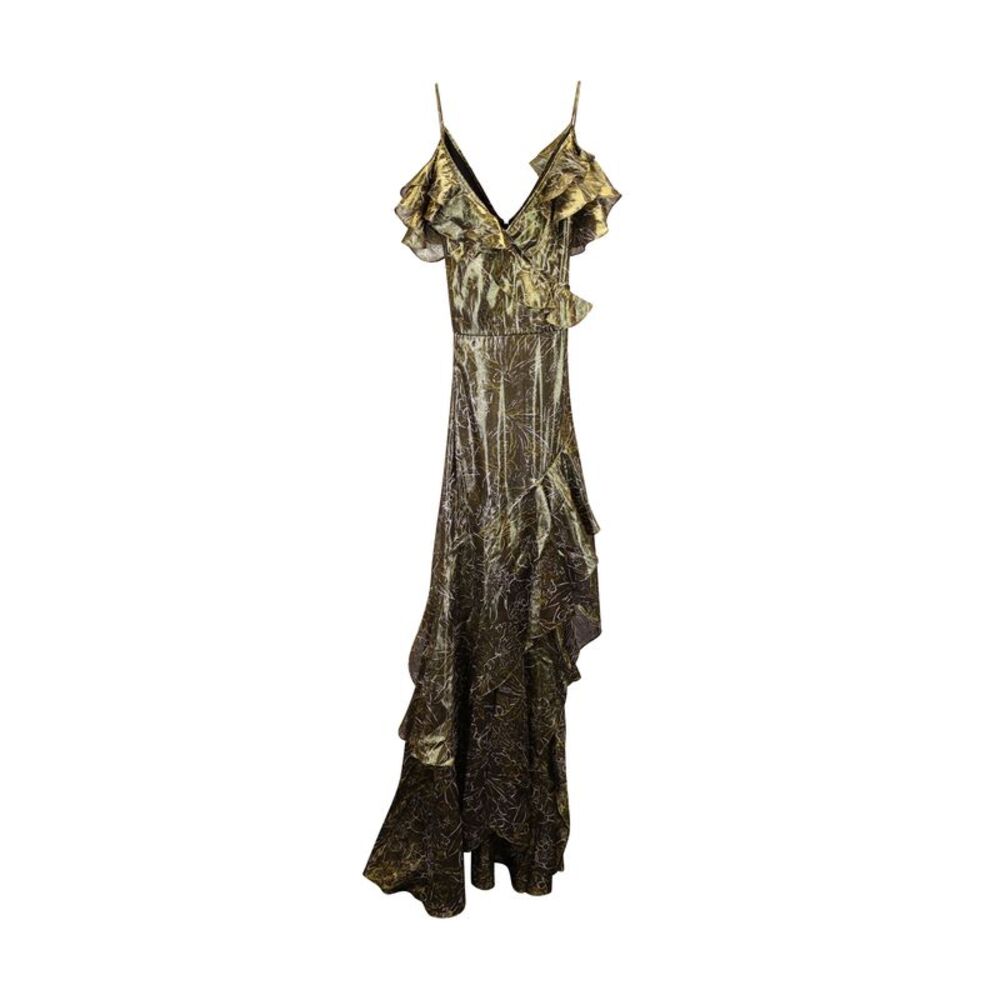 Peter Pilotto V-Neck Ruffled Dress in Gold Silk